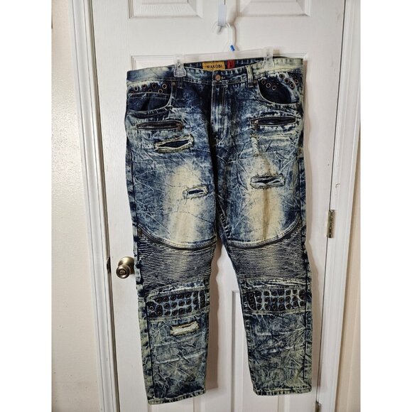 Makobi Jeans Moto Biker Blue Acid Wash Distressed Denim Mens 42x32 - Picture 5 of 12